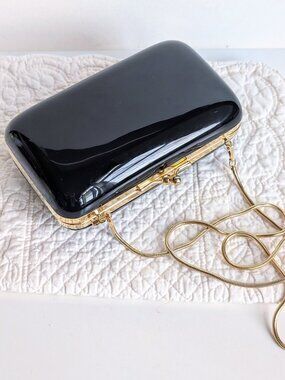 Vintage Bolsos Casal Black Hard Case Clutch Evening bag with Gold Chain 6.5"